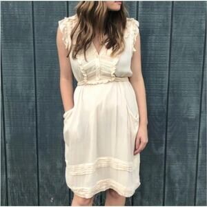Odille Anthropologie Cream Ruffle Sleeveless Dress Size 4 Pockets Cottage *flaw*